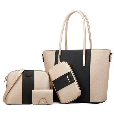 Women Fashion Color Block Large Capacity Zipper Wallet Handle Bag Four-Piece Set