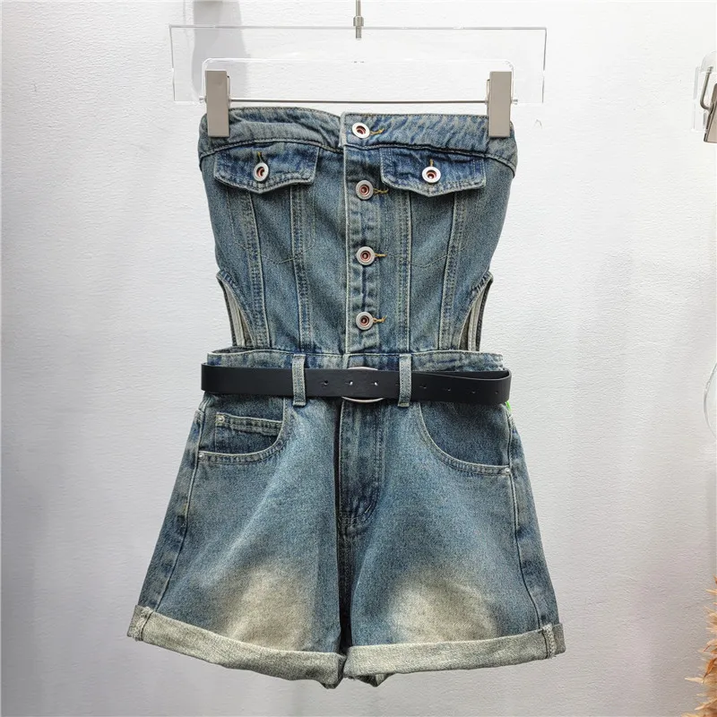Women Fashion Sexy Strapless Denim Rompers Belt