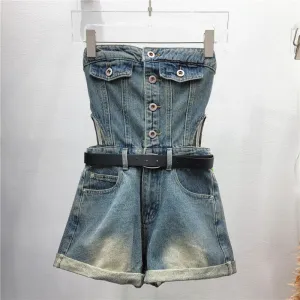 Women Fashion Sexy Strapless Denim Rompers Belt