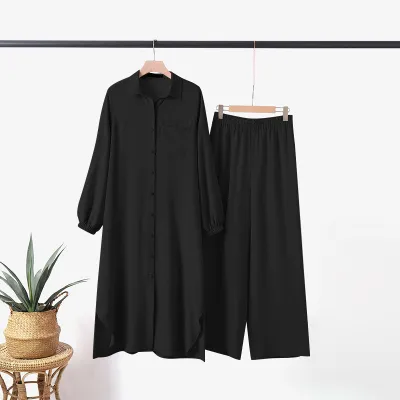 Women Casual Solid Color Abaya Long Sleeve Shirt Pants Set