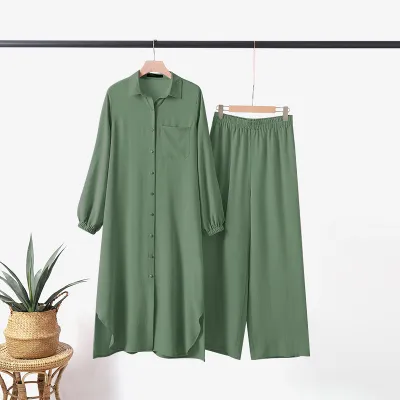 Women Casual Solid Color Abaya Long Sleeve Shirt Pants Set