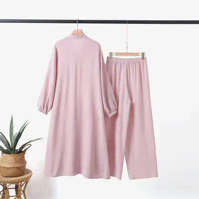 Women Casual Solid Color Abaya Long Sleeve Shirt Pants Set