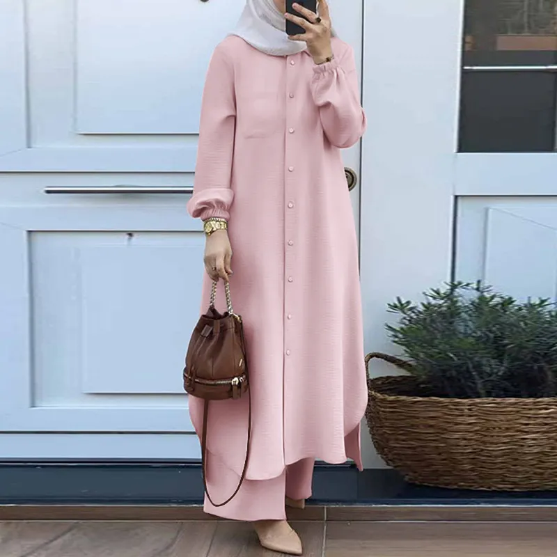 Women Casual Solid Color Abaya Long Sleeve Shirt Pants Set