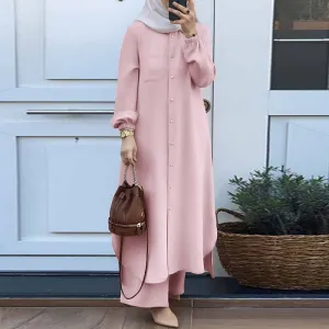 Women Casual Solid Color Abaya Long Sleeve Shirt Pants Set
