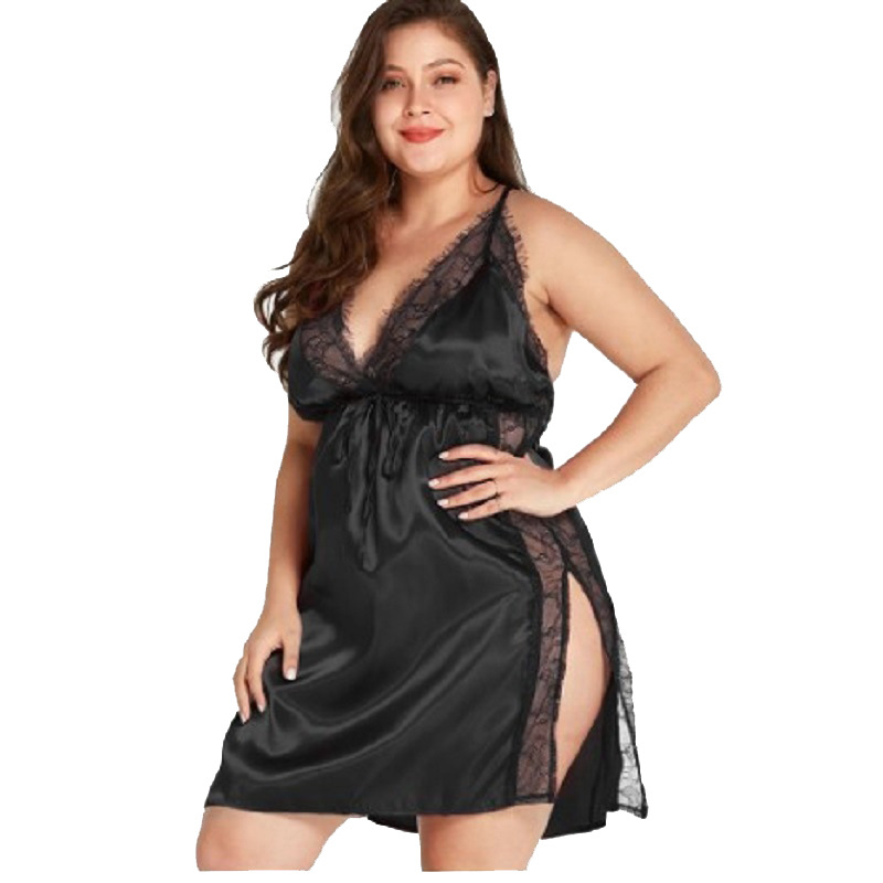 Wholesale chemise de nuit sexy en satin a col en V et coutures en dentelle pour femmes grande taille