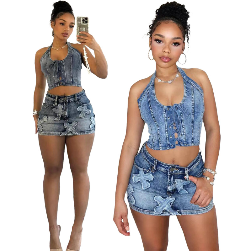 イエローチェーンショルダートップ SEXY Wholesale Women Fashion Sexy Chain Halter Neck Lace Up