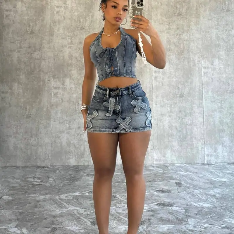 Women Denim Halter Neck Eyes Strap Crop Top Skirt Two-Piece Set