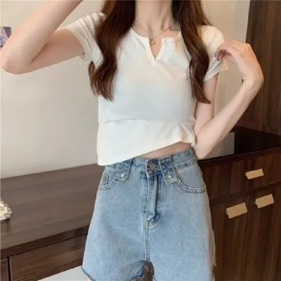 Women Casual Sexy Slim Fit V-Neck Short Sleeve Cropped Top Tee