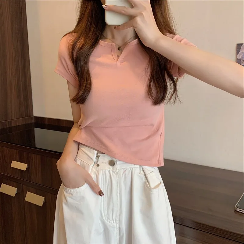 Women Casual Sexy Slim Fit V-Neck Short Sleeve Cropped Top Tee