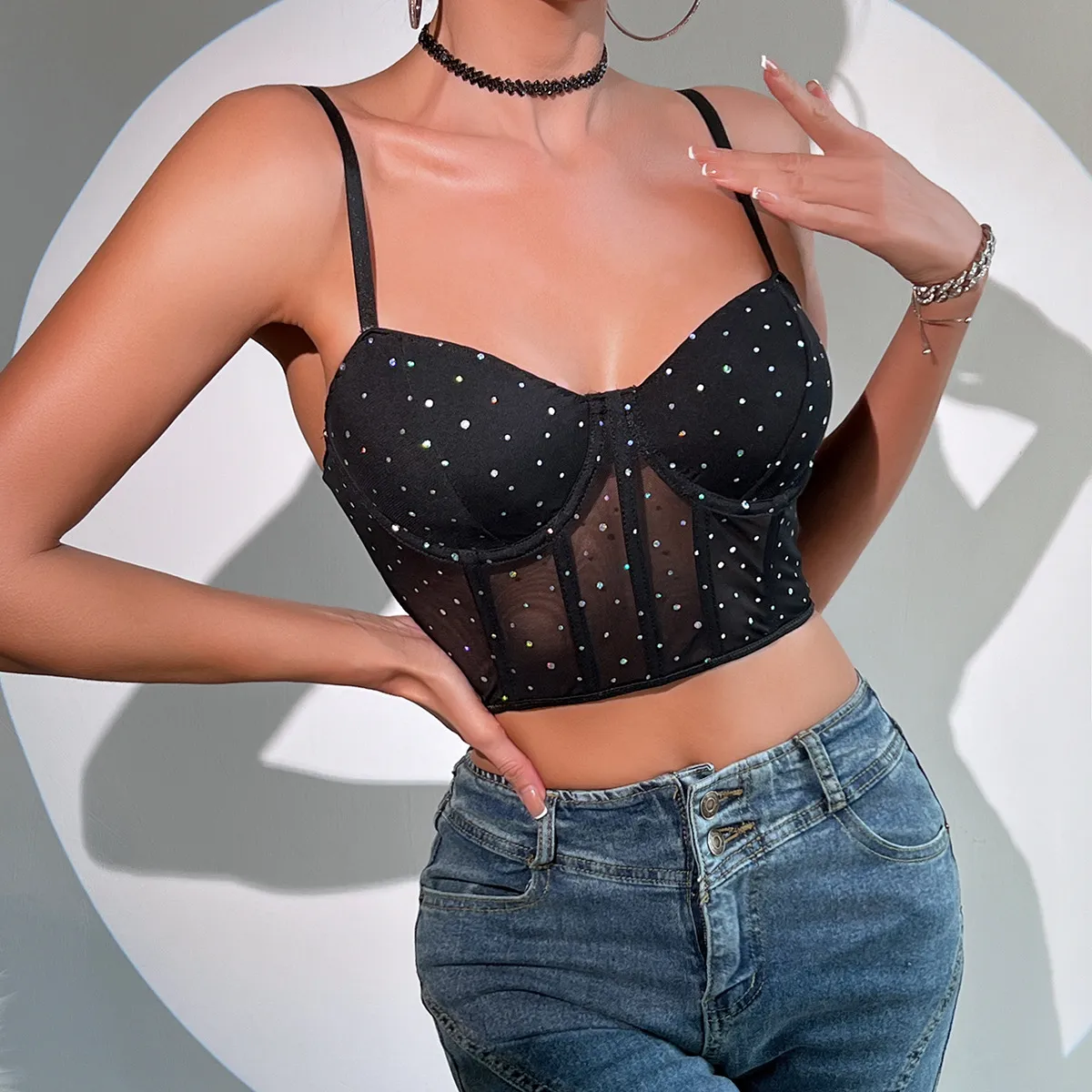 Women Sexy Nightclub Style Sequin Fishbone Steel Ring Gather-Up See-Through Crop Top