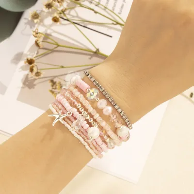 Women Fashion Starfish Pearl Pendant Multi-Layer Beaded Beaded Bracelet Set