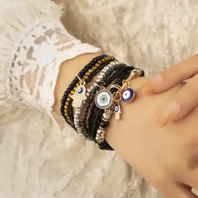 Women Fashion Devil'S Eye Pendant Beaded Beaded Multi-Layer Bracelet Set