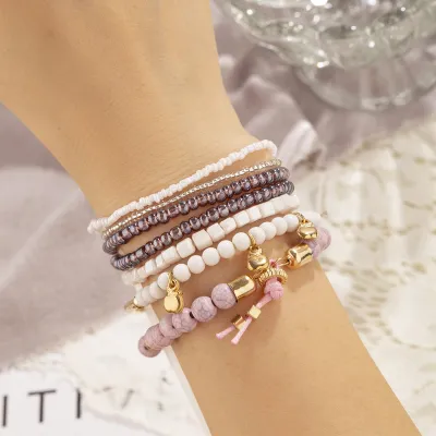 Women Fashion Natural Stone Agate Beads Multi-Layer Beaded Bracelet Set