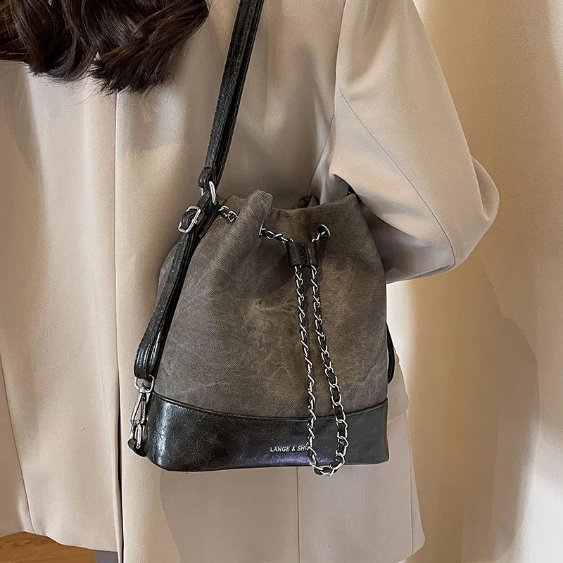 Women Fashion Vintage Drawstring Large Bucket Shoulder Bag