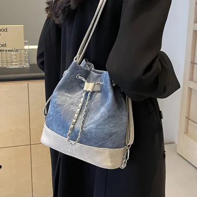 Women Fashion Vintage Drawstring Large Bucket Shoulder Bag