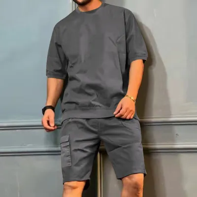 Men Casual Cargo Style Solid Color Short Sleeve T-Shirt Shorts Set