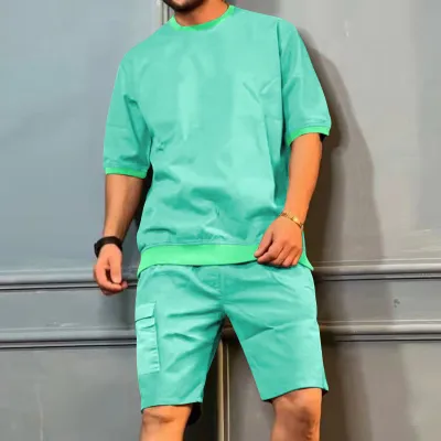 Men Casual Cargo Style Solid Color Short Sleeve T-Shirt Shorts Set
