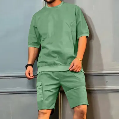 Men Casual Cargo Style Solid Color Short Sleeve T-Shirt Shorts Set