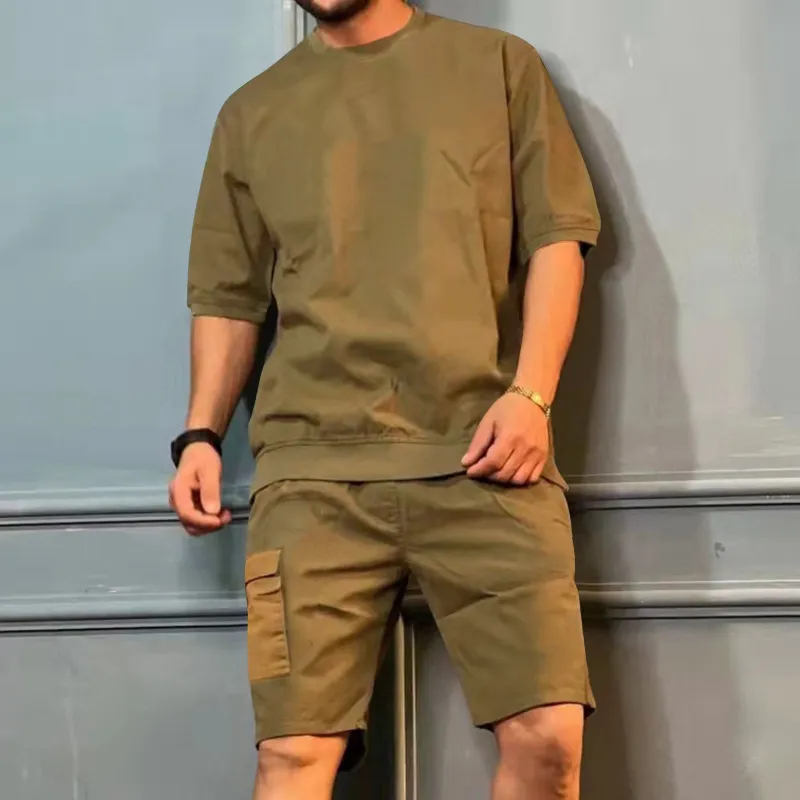 Men Casual Cargo Style Solid Color Short Sleeve T-Shirt Shorts Set