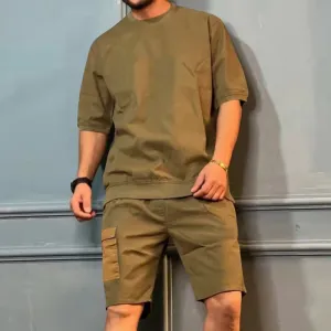 Men Casual Cargo Style Solid Color Short Sleeve T-Shirt Shorts Set