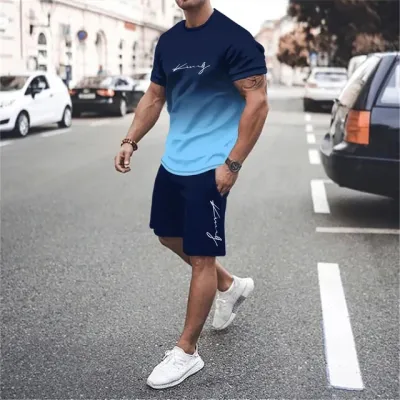 Men Fashion Casual Sports Letter Gradient Color Plus Size Short Sleeve T-Shirt Shorts Set