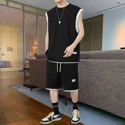 Men Fashion Casual Sport Solid Color Waffe Plus Size Sleeveless Tank Top Shorts Set