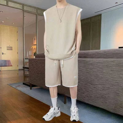 Men Fashion Casual Sport Solid Color Waffe Plus Size Sleeveless Tank Top Shorts Set