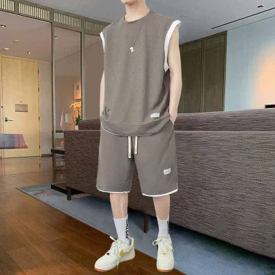 Men Fashion Casual Sport Solid Color Waffe Plus Size Sleeveless Tank Top Shorts Set