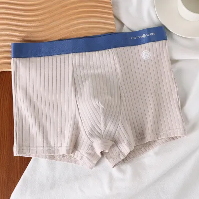 Men Casual Basic Striped Cotton Mid Waist Boxer Briefs