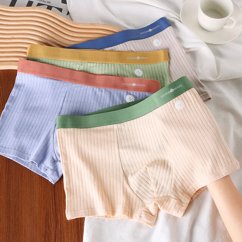 Men Casual Basic Striped Cotton Mid Waist Boxer Briefs