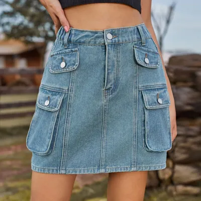 Women Street Hipster Cargo Denim A-Line Skirt