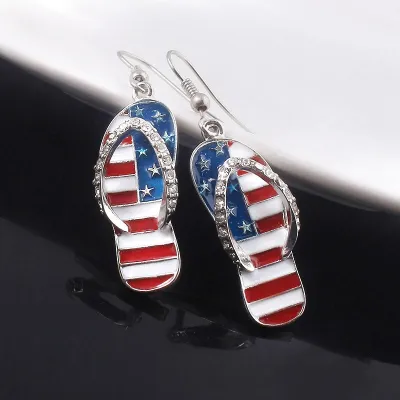Women Fashion Creative American Independence Day Flag Slippers Heart-Shaped Alloy Earrings