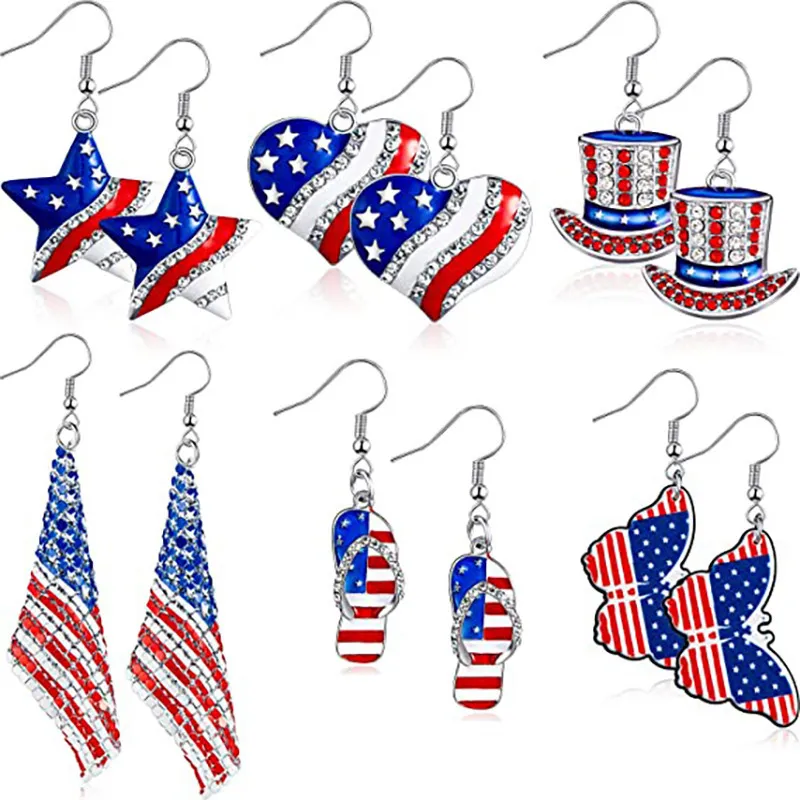 Women Fashion Creative American Independence Day Flag Slippers Heart-Shaped Alloy Earrings