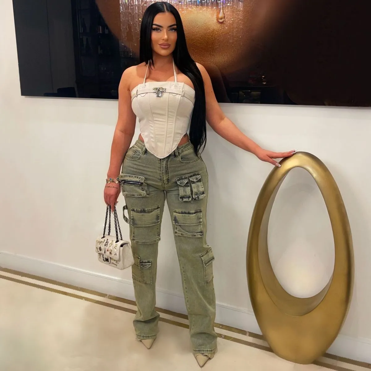 Women Retro Low-Rise Zipper Multi-Pocket Cargo Jeans