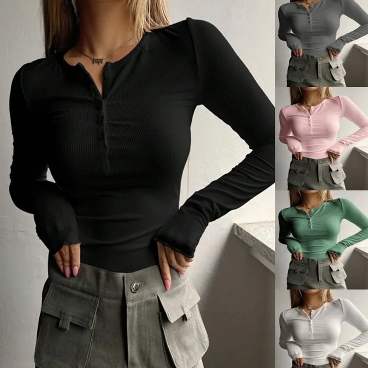 Women's Button Rib-Knit Slim Fit Long Sleeve T-Shirt - Solid Color Sweet Fresh Style for Autumn Winter