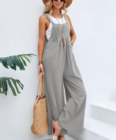 Women Solid Color Casual Wide Leg Suspender Jumpsuits