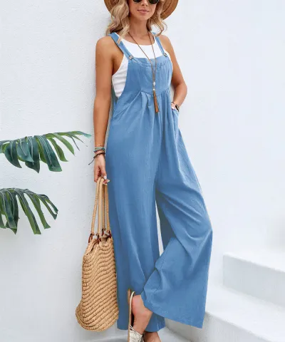 Women Solid Color Casual Wide Leg Suspender Jumpsuits