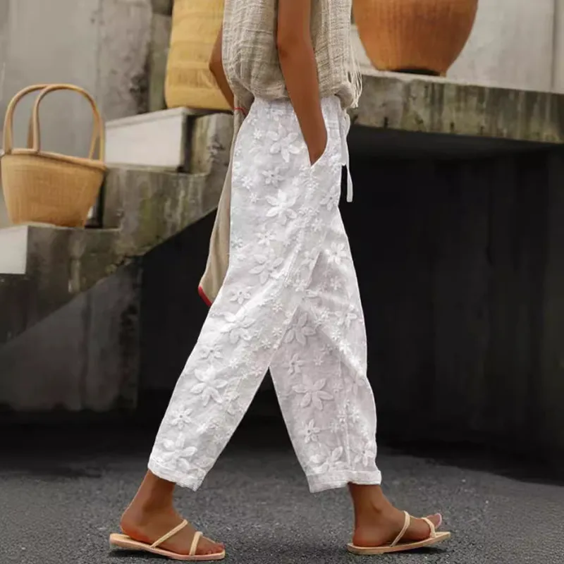 Summer Floral Embroidered Lace-Up Casual Women Crop Pants