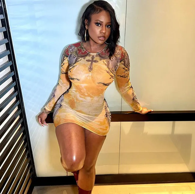 Sexy Women Graphic Cross Printed Round Neck Long Sleeve Mini Dress