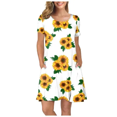 Crewneck Floral Sunflower Printed Women Casual Short Sleeve Pocket Dress