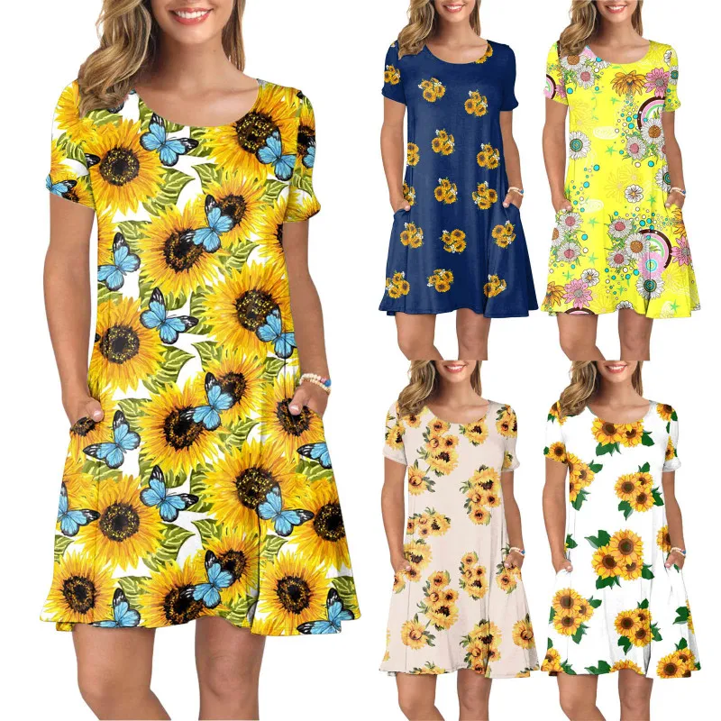 Crewneck Floral Sunflower Printed Women Casual Short Sleeve Pocket Dress