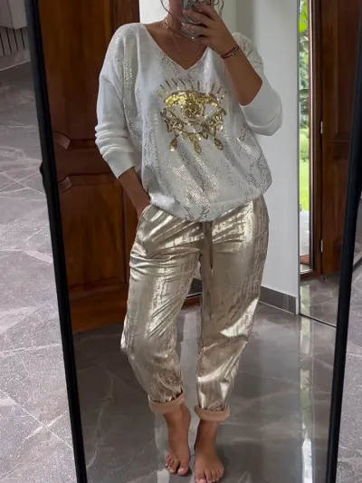Women Casual Evil Eye Bronzing Top And Trousers Shiny Set