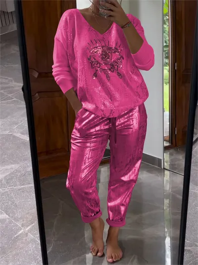 Women Casual Evil Eye Bronzing Top And Trousers Shiny Set