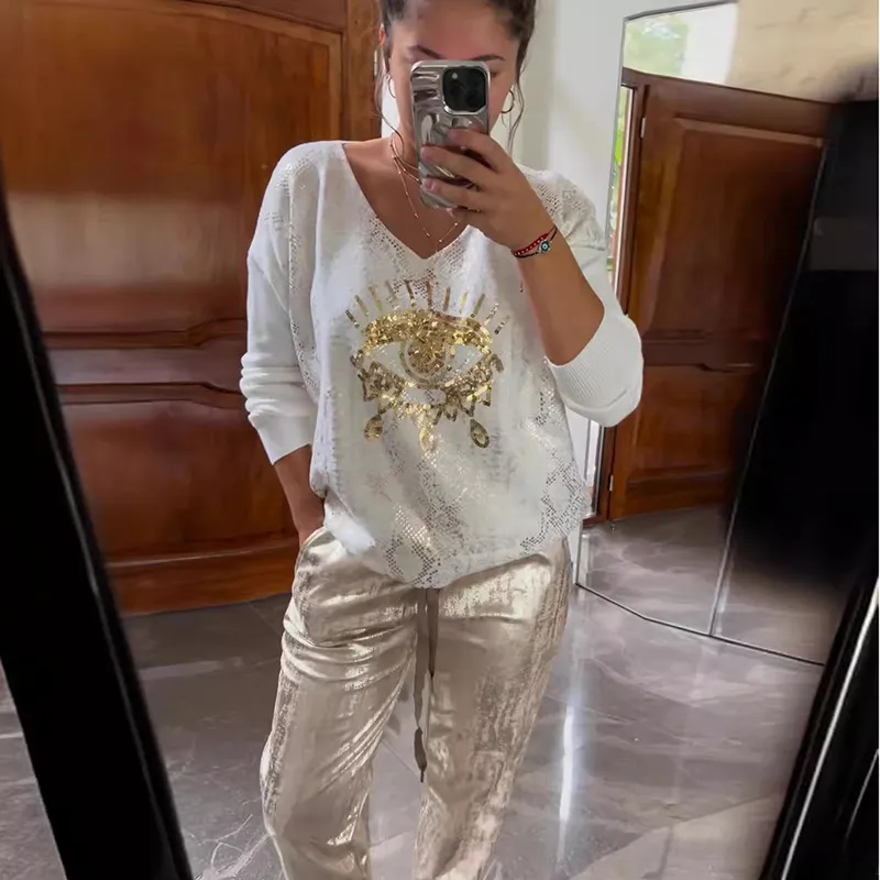 Women Casual Evil Eye Bronzing Top And Trousers Shiny Set