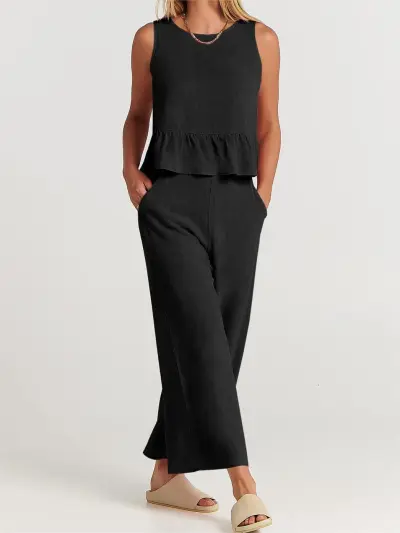 Summer Sleeveless Ruffled Blouse Wide Leg Pants Casual Women Set
