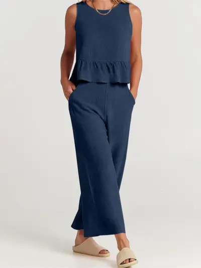 Summer Sleeveless Ruffled Blouse Wide Leg Pants Casual Women Set