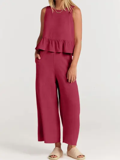 Summer Sleeveless Ruffled Blouse Wide Leg Pants Casual Women Set