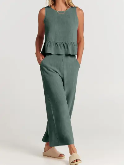 Summer Sleeveless Ruffled Blouse Wide Leg Pants Casual Women Set