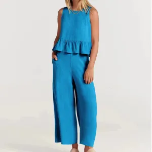 Summer Sleeveless Ruffled Blouse Wide Leg Pants Casual Women Set