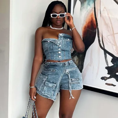 Fashion Women Buttoned Tube Top Pocket Cargo Shorts Denim Set